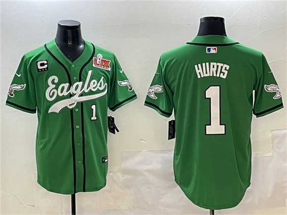 Mens Philadelphia Eagles #1 Jalen Hurts Green 2025 Super Bowl LIX And 3-Star C Patch Stitched Baseball Jersey